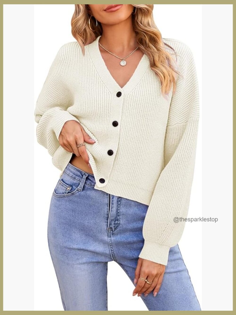 Crop Cardigan: V-Neck Button Down Batwing Long Sleeve Ribbed Knit